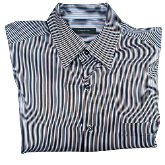 ERMENEGILDO ZEGNA NAVY, BROWN & WHITE STRIPES COTTON DRESS SHIRT - Picture 1 of 10